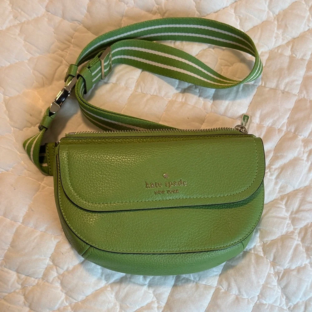 kate spade Lime Green Pebbled Leather Fanny Pack with Striped Strap - Picture 1 of 6